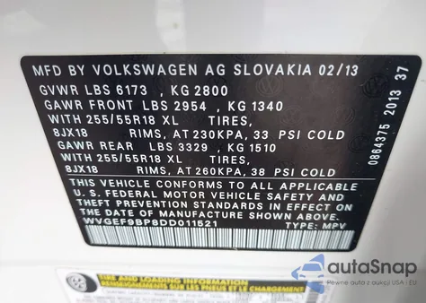 2013 Volkswagen Touareg Vr6 Sport z USA, uszkodzony, nr VIN WVGEF9BP8DD011521